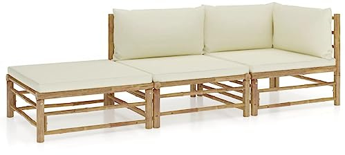 vidaXL Gartenmöbel 3-TLG. mit Cremeweißen Kissen Garten Garnitur Sitzgruppe Sofa Lounge Gartensofa Sitzgarnitur Gartenset Ecksofa Mittelsofa Fußhocker Bambus