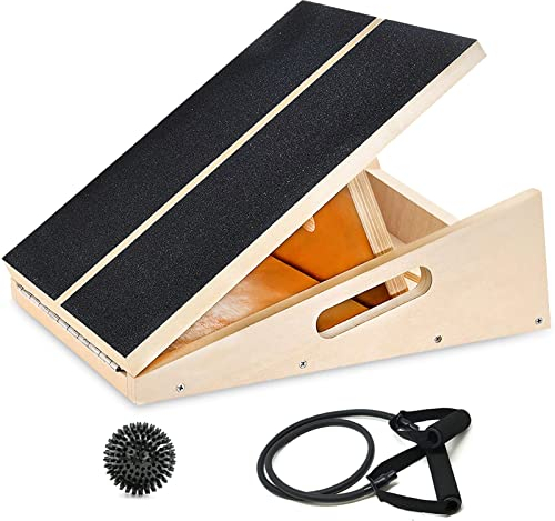 Planche professionnelle inclinée en bois, planche d'inclinaison réglable et étireur de mollet, planche d'étirement avec balle de massage à picots et tube de résistance à l'étirement pour exercice de