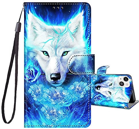 JRIANY for iPhone 13 Case -6.1 inch, PU Leather Wallet Case with Card Holder Animal Pattern Cute Design Magnetic Shockproof Cover Flip Case Compatible with Apple iPhone 13 - Wolf A