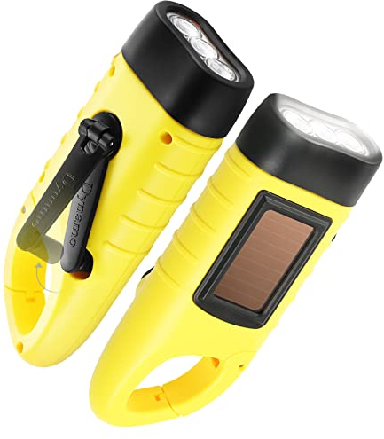 GeeRic 2-Pack Hand Crank Solar Powered Flashlight, Emergency Rechargeable LED Torch for Outdoor Sports, Quick Snap Carabiner Dynamo Flashlight - Yellow