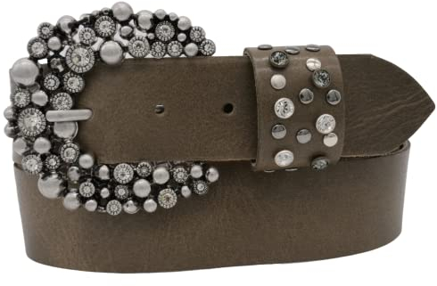 AnnaMatoni Damen Leder Gürtel weiches Rindsleder 3mm stark mit Hochwertiker Strassstein Schließe 4cm breit Damen Ledergürtel (grau 730, TW105 - Gesamtlänge 120cm)