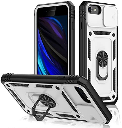 AFARER iPhone 6 6s 7 8 Hülle, Kameraschutz Rüstung Duale Schichte Gehäuse mit 360 Grad Ring Ständer und magnetisches Eisenblech Kompatibel mit iPhone 6 6s 7 8 Weiß