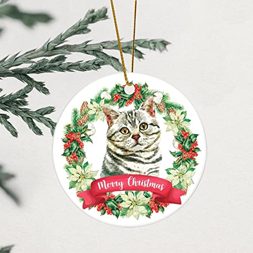 Weihnachten Porzellan Ornament Frohe Weihnachten Katze Runde Weihnachten Ornament Weihnachtskranz 8,1 cm mit goldener Schnur Moderne Brautdusche Hochzeitsgeschenk 1. Urlaub Ehepaar Brautpaare Geschenk