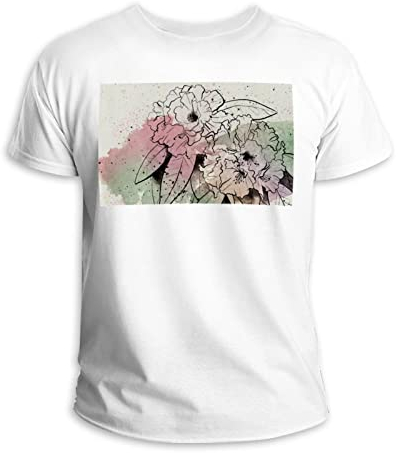 Kurzärmeliges T-Shirt, Rundhalsausschnitt, 100 % Baumwolle, Rhododendron, Aquarell-Blume, mehrfarbig, 58
