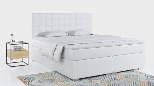 MKS MEBLE Boxspringbett 140x200 mit Bettkasten, Bett 140x200 mit Stauraum und Kopfteil, Polsterbett mit Multipocket - Matratze H3 und Topper - Carmen - Weiß Kunstleder