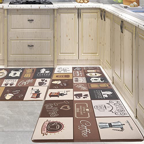 PCSWEET HOME Kaffee-Küchenmatten-Set, 2 gepolsterte Anti-Müdigkeit, Kaffee-Küchenteppiche, Bauernhaus-Küchenteppiche, wasserdicht, rutschfest, Büro, Wäsche (helles Kaffee)