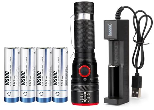 YUUGYD LED 18650 Torch Rechargeable, w/4 Flat top Rechargeable 18650 Battery and USB Charger, Zoomable, Water Resistant, Small Pocket Torch for Camping Hiking Outdoor Cycling