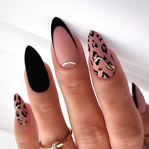 Ceboic 24 Pièces Amande Faux Ongles Court, French Press on Nails Glossy Ongles à Coller avec Autocollants Adhesif, Stiletto Almond Faux Ongles pour Femme et Fille (Leopard Print)
