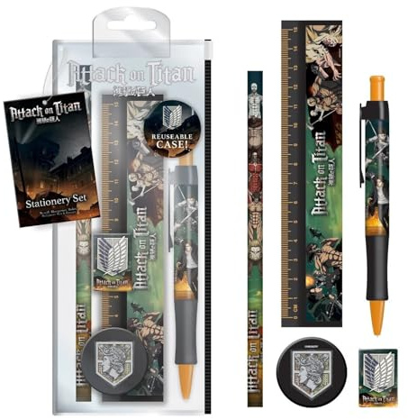 Attack on Titan 5-teiliges Schreibwaren-Set mit Stift, Bleistift, Lineal, Bleistiftspitzer und Radiergummi, Schreibwaren-Set für Mädchen, Jungen, Männer und Frauen - Offizielles Lizenzprodukt