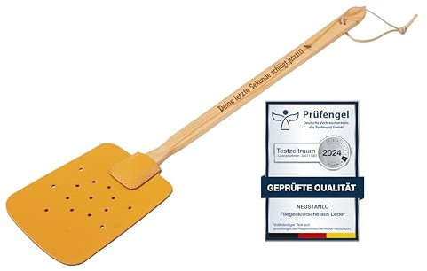 Neustanlo - Fliegenklatsche aus Holz und Leder - mit Spruch Deine letzte Sekunde schlägt jetzt!!! - extra stark - mit Holzstiel und Lederband - 47,5 cm
