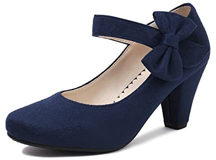 elerhythm Mary Jane Vintage Tacchi con Bow Gatsby 1950 Pumps Punta Chiusa 1920 Victorian Ankle Straps Faux Suede Scarpe (Blu UK7)