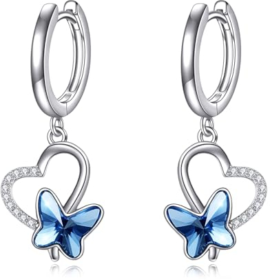 Schmetterling Ohrringe Damen 925 Sterling Silber Leverback Herz Ohrringe Dangle und Tropfen mit Kristall aus Österreich Geburtstags Schmuck Geschenke für Frauen Mädchen Frau Tochter Freundin