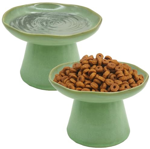 VCEPJH Elevated Shallow Cat Bowls 6.1in Ceramic Cat Food Plate Pack of 2 Raised Cats Dish Flat Anti Whisker Fatigue Wide Pet Food & Water Feeder for Indoor Kitty Kitten (Green)