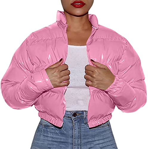 QUINTRA Frauen- - und Winter-Baumwollmantel Shiny Metal Short Cotton Coat Warnschutzjacke Damen (Pink, S)