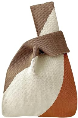 Anopo Mini Wrist Knot Bag for Women Cute Knitted Purse Aesthetic Tote Bag Knot Pouch Wristlet Mini Crochet Tote Bag Khaki Tri-Color