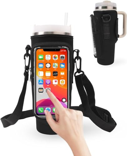 XUPHINX Water Bottle Carrier Bag with Phone Holder with Handle for Stanley 40oz Tumbler Cup, Neoprene Water Bottle Holder with Strap for Hiking Camping (Black)