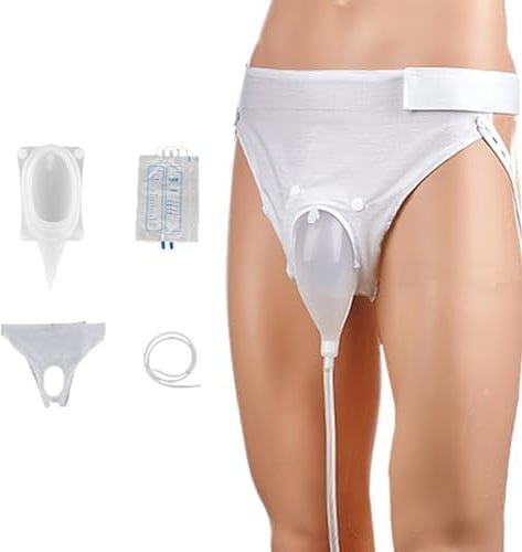 Urinal für Männer, Frauen, ältere Menschen, tragbares Silikonmaterial mit Urinauffangbeutel, Harnablaufsystem, hautfreundlich und geruchlos, kommt mit geräumigen Hosen und 2 Urinbeuteln (1 l und 2 L)