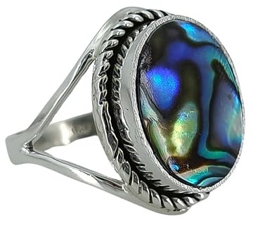 Navya Craft Abalone-Muschelstein-Silberring, Größe 17,5 | 925 Sterling Silber Handgefertigter Statement-Versprechensring für Frauen | Natürlicher Edelstein Boho Schmuck | Geschenk für Sie
