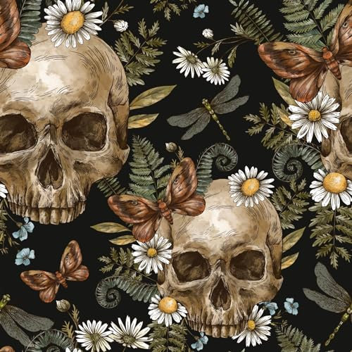 SOEWIOU Skull Floral Peel and Stick Wallpaper,44.5 * 300CM Thicken White Flowers Wallpaper Removable Self-Adhesive Contact Paper Butterfly Green Leaf Skull for Living Room Bedroom Washroom Cabinet