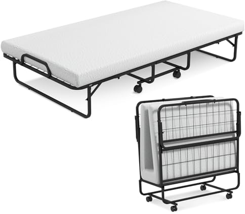 Multigot Folding Bed with 10cm Thick Memory Foam Mattress and Wheels | Portable Metal Frame Single Guest Mobile Sleeper Bed for Home Office Camping
