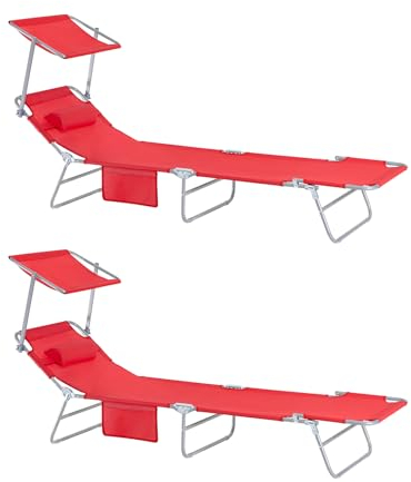 SoBuy 2-er Set Sonnenliege mit Sonnendach und Kopfkissen Auflage klappbare Gartenliege Strandliege Relaxstuhl für Gärten, Höfe, Strände, Balkone Rot bis 110 kg belastbar BHT ca. 191x19x56cm OGS48-Rx2