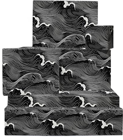 Schwarz weißes Geschenkpapier – Meereswellen – Für Männer Und Frauen – 6 Bögen Geschenkpapier – Einfarbig – Halloween – Mit Aufklebern – Von Central 23