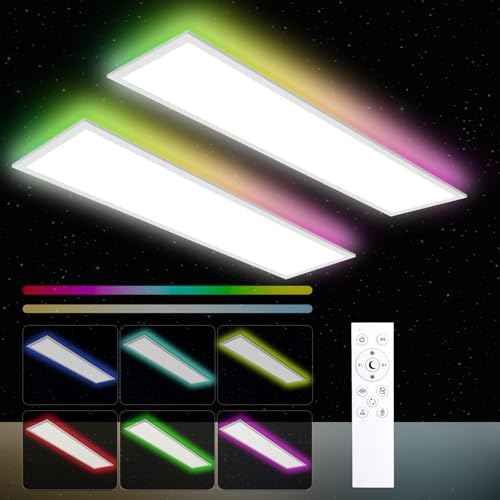 Oraymin 2pcs Plafoniera a pannello LED Dimmerabile 120x30cm con telecomando, Pannello LED soffitto da 40W con RGB Backlight,Funzione di memoria, 3000K-6500K, per soggiorno, rettangolare