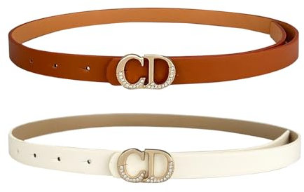 QKEPCY 2 Stücke Damen Skinny Ledergürtel Schmaler Taillengürtel für Damen Verstellbarer Ledergürtel Modischer Dekorativen Gürtel für Kleider Hosen Jeans Mäntel(Weiß+Braun)