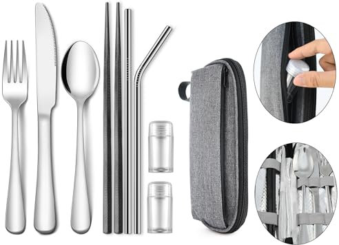 IFERRENS Set di utensili da viaggio con custodia, posate portatili per lavoro, utensili riutilizzabili da campeggio, posate in acciaio inox 18/0, posate per adulti, picnic, escursioni, viaggi, gadget