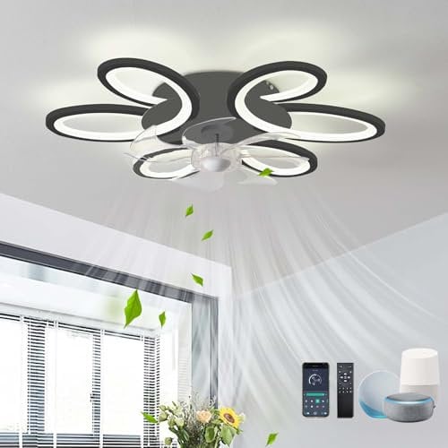 Fiore Ventilatore Da Soffitto Con Luce E Telecomando, Lampadario Ventilatore Silenzioso LED Dimmerabile , Plafoniera Con Ventilatore 6 Velocità DC Compatibile con Alexa Per Camera Da Letto, Nero