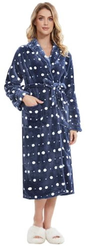 Knuffnee Damen Fleece Morgenmantel Flauschig Lang Bademantel Kuschelig Weich Saunamantel mit Taschen Punkte L