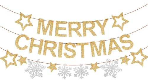 Merry Christmas Girlande Gold, Weihnachten Deko Stern Schneeflocken Banner, Merry Christmas Deko Weihnachten Girlanden, Weihnachtsdeko Hängend Deko für Neues Jahr Silvester Party,Weinachtsdekorationen
