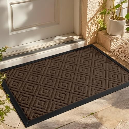 LEKEEPGO Fußmatte Innen und Außen 43x75cm, rutschfeste Fußmatte Outdoor, Fussmatte Aussen Gummi, Schmutzfangmatte Waschbar, Fussmatten Haustür, Fußabtreter Außen Drainage, Braun