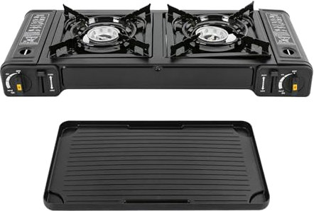 Hornillo de Gas para Camping Portátil de 2 Quemadores | 2500w Barbacoa de Mesa con Placa de Barbacoa + Barbacoa de Maletín | Hornillo de Gas Aire Libre para Camping, Picnic y Barbacoa (Butano)