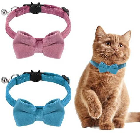 DHWEKU 2 Stück Samt Katzenhalsband mit Glöckchen und Fliege verstellbar für kleine Welpen Sicherheitsfliege einfarbig für Hochzeiten Grundfarbe Katzen-Fliege