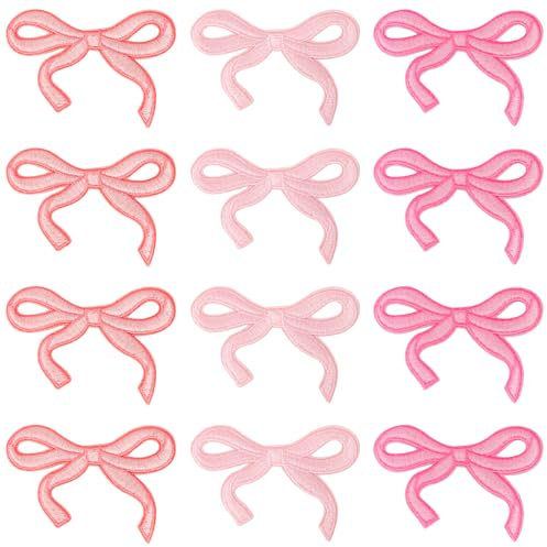 loghohu 12Pcs Bow Patches Bow Iron on Patches Embroidery Bow Patch DIY Bow Patches for Clothes Sew on Patches Pink Bow Knot Embroidery Appliques for Clothing Bags Hats Jackets Jeans Backpacks