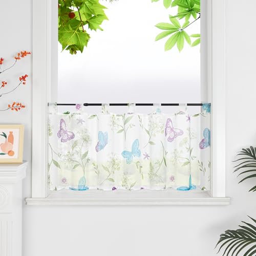 HeichkelL Bedruckte Scheibengardine Voile Kurzstores mit Blumen und Schmetterlinge Transparente Gardine Weiß Bistrogardine mit Schlaufen HxB 45x90 cm