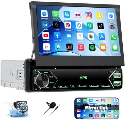 CAMECHO Autoradio 1Din 7 Pouces Écran Tactile HD Rétractable Manuel Bluetooth Radio avec Mirror Link FM Commandes au Volant 2USB AUX Type-C +Caméra de Recul Rétroéclairage
