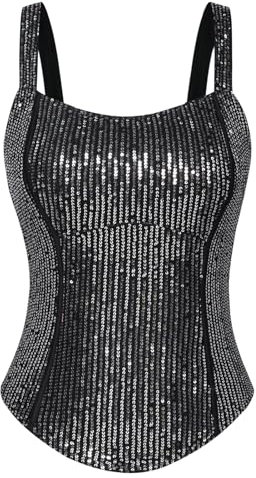 GRACE KARIN Damen Party Glitzer Top Glänzend Pailletten Oberteil Camisole Sommer Trägertops Schwarz-Silber S