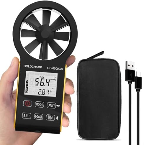 Digitales Anemometer, CFM Wiederaufladbar Anemometer Windmesser Touchscreen | Windgeschwindigkeit(0.3~30m/s), Luftvolumen(0-999900 ft3/min), Hintergrundbeleuchtung Display für HVAC, Schießen, Gelb 6000GH