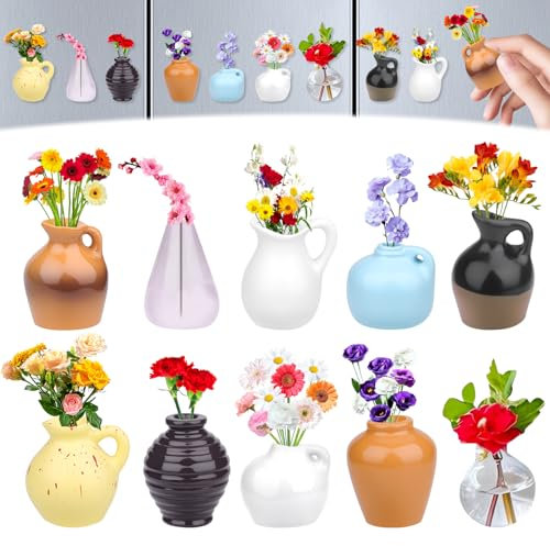Ruichi 10 Pcs Mini Vase Fridge Magnets, DIY Ceramic Vase Strong Fridge Magnets for Adults, Mini 3D Cute Tiny Magnetic Flower Plant Vases, for Refrigerator Kitchen Locker Office
