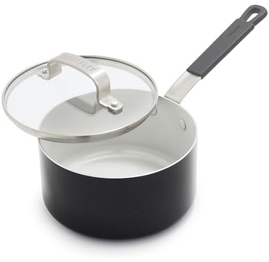 GreenPan x Bobby Flay 1.67QT Antihaft-Kochtopf mit Glasdeckel, PFAS-freie Diamantkeramik, induktionsgeeignet, kühlbleibender Silikongriff, leicht zu reinigen, spülmaschinen- und ofenfest, Kochpfanne