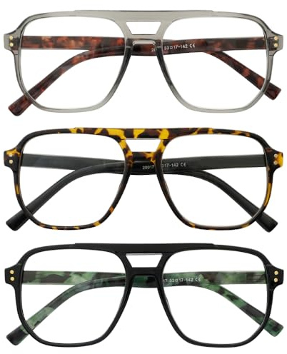 LookLux Aviator Oversized Reading Glasses Men, Blue Light Reading Glasses 3 Pack Large Glasses Reading with Spring Hinges