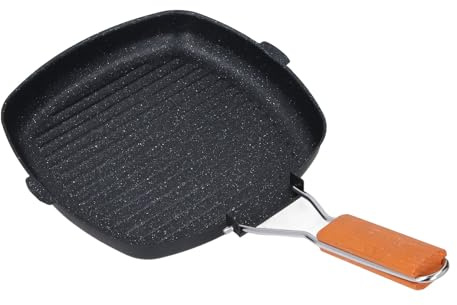 OVAQUIXI Square Grill Pan, Nonstick Grilling Pan for Stove Top with Foldable Wood Handle, Efficient Heat Distribution, Safety and Comfort with Unique Ribbed Design, Maifan Stone Grill
