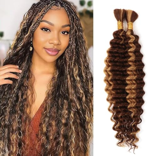 Human Braiding Hair for Boho Braids,100g Deep Wave (P4/27#, 24 Inch) | No Weft,2Bundles Wet and Wavy Curly Boho Hair for Braiding,Knotless Braids,Micro Bohemian Braid,Long-lasting,Tangle Free