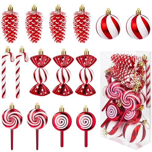 Weihnachtskugeln Zuckerstangen Deko, 15 Stück Weihnachtsbaumschmuck Anhänger Weihnachtsbaum Deko, Lutscher Tannenzapfen Süßigkeiten Hängende, Rot Weiß Glitzer Christbaumschmuck