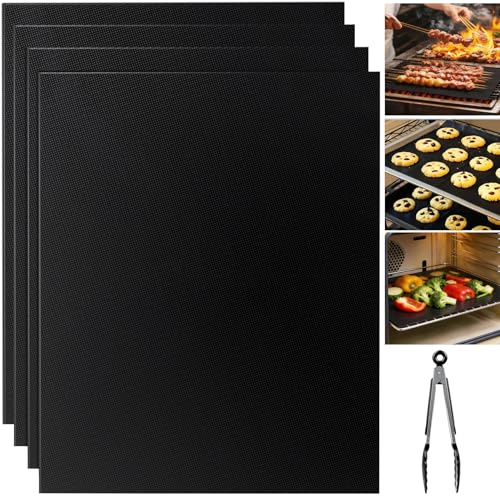 4 Protectores de Horno, 40 x 33 cm Lámina para Hornear Permanente Antiadherente y Recortable, Alfombrilla Protectora del Fondo del Horno Reutilizable,con Pinzas de Barbacoa
