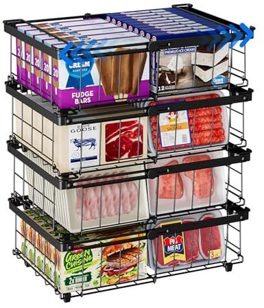 Vankarr 4 Piezas Organizador Congelador Cestas Apilables Para Congelador con Asa,Metal Organizador Arcon Congelador Apilable Extensible,(29-45.5x30.5x15cm) Negro