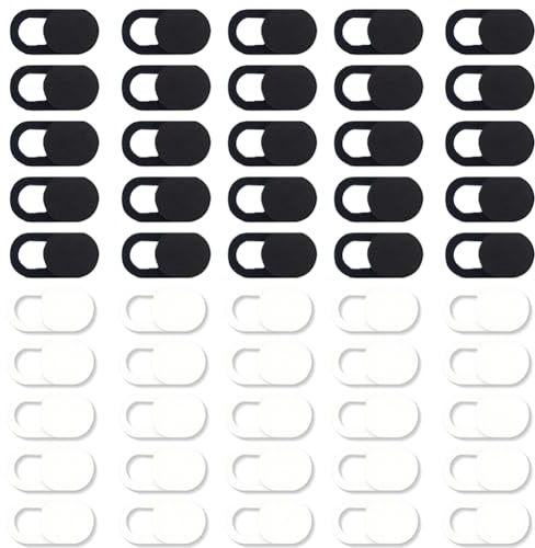 PRESSINART 50 Pièces 2 Couleurs Cache Webcam Glissière Noir 0.04 Pouce Ultra Mince Protection Caméra Ordinateur Portable Mini PC Smartphone Desktop PVC Plastique Durable pour Maison Bureau Sécurité