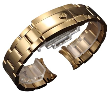 ROUREOX Edelstahl Armband Rundanstoß, 20mm 21mm Gebogenes Metallband, Massiv Ersatzband Faltschließe für Rolex Submariner-Golden 21mm